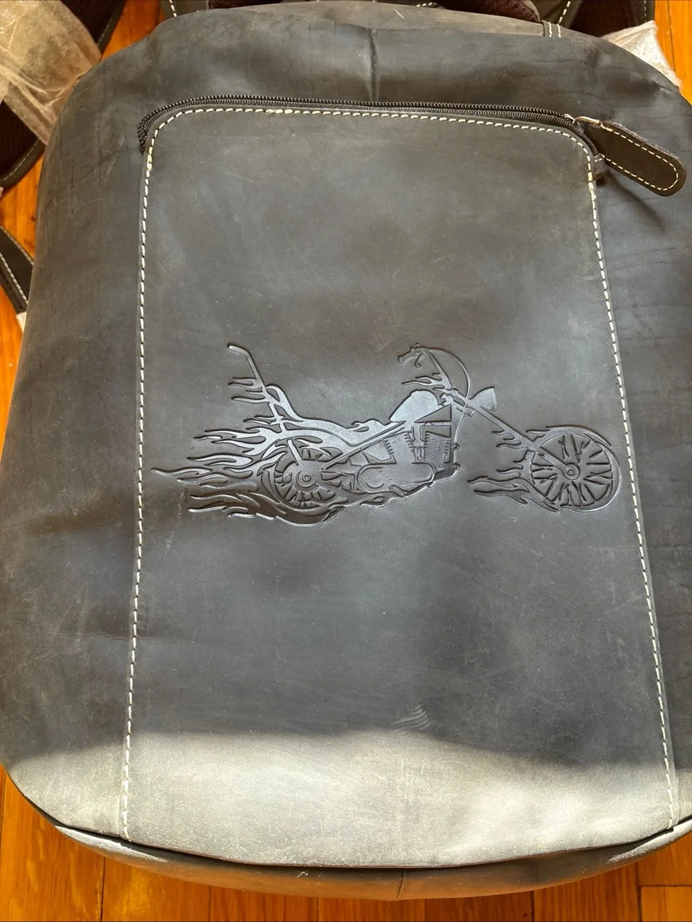 Men's Brown Leather Backpack with Embossed Motorcycle Design